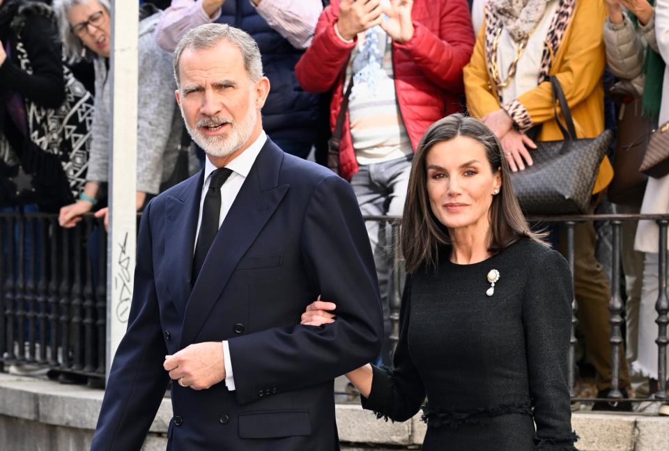 King Felipe VI and Queen Letizia of Spain arrive to Mass Tribute for Fernando Gómez-Acebo on April 08, 2024 in Madrid, Spain.
