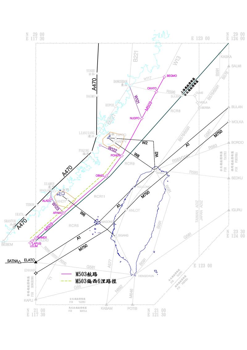 中國擅自取消M503航線偏置，並啟用W122、W123銜接航路，我方官員指「全世界都知道你在搞鬼」（資料圖）