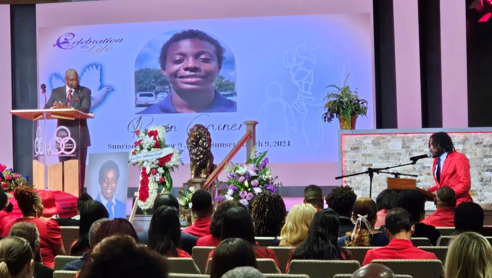 William Roper, right, shares memories of his cousin during a memorial service for Ryan Gainer, 15, of Apple Valley at the Burning Bush Church in Victorville on Saturday, April 20, 2024.