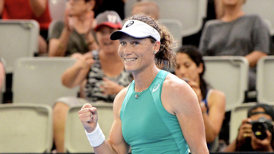 Aussie tennis great Samantha Stosur (pictured) celebrates victory.