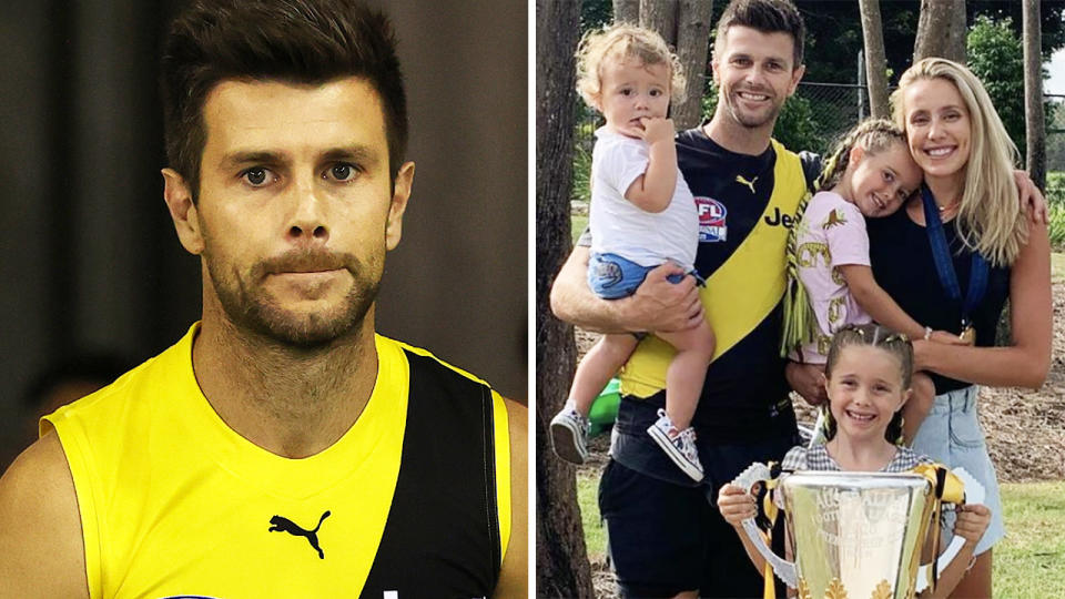 Richmond captain Trent Cotchin is considering returning to Melbourne to care for his family, after the Tigers relocated to Sydney thanks to the latest Victorian lockdown. Pictures: Getty Images/Instagram/trentcotchin9