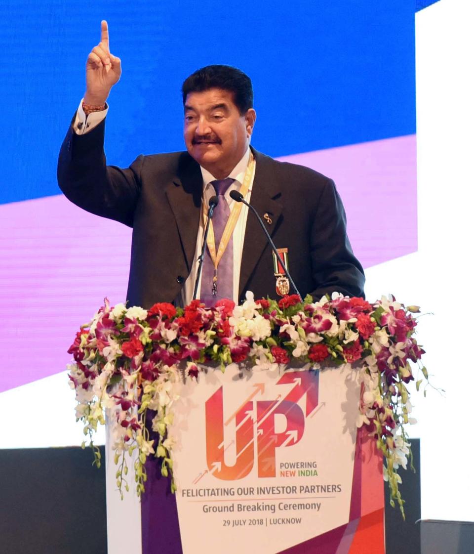 LUCKNOW, INDIA - JULY 29: BR Shetty CEO NMC Healthcare, UAE addressing ground-breaking ceremony for 81 project by Prime Minister Narendra Modi at Indira Gandhi Pratishthan on July 29, 2018 in Lucknow, India. These projects were part of the 1,045 MoUs signed at the Uttar Pradesh Investors' Summit organised earlier this year. (Photo by Subhankar Chakraborty/Hindustan Times/Sipa USA)