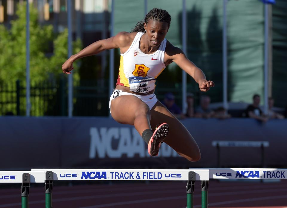 Jun 11, 2015; Eugene, OR, USA; Jaide Stepter of Southern California runs 57.24 in a women's 400m hurdles semifinal to advance in the 2015 NCAA Track & Field Championships at Hayward Field.