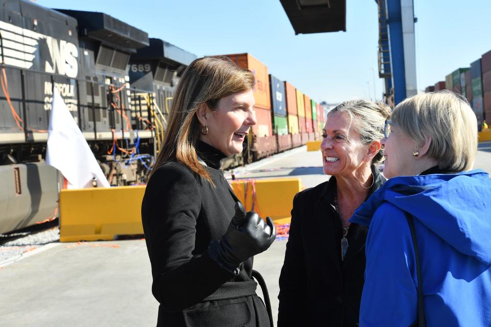 On Nov. 18, 2022 the community and South Carolina leaders celebrated the completion of the Inland Port Greer rail expansion. This expansion phase added significant cargo capacity to the port.  South Carolina leaders talked about how the port's infrastructure drives economic growth in the Upstate and South Carolina. South Carolina Lt. Gov. Pamela Evette, left, at the Inland Port in Greer. 