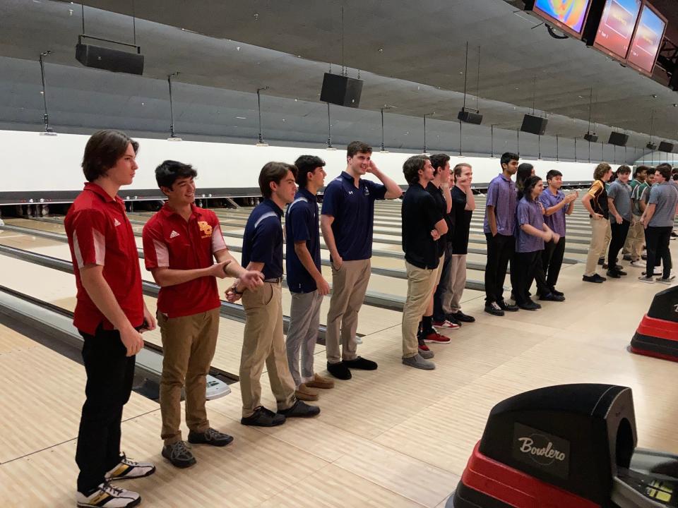 From left, Justin Martin and Liam Chin of Bergen Catholic are recognized alongside their fellow senior competitors prior to the NJSIAA boys bowling team finals on Monday, Feb. 20, 2023 at Bowlero North Brunswick.