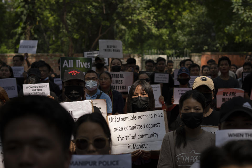 Kuki tribal protestors participate in a demonstration against deadly ethnic clashes in the country's northeastern state of Manipur, in New Delhi, India, Saturday, July, 22, 2023. Protests are being held across the country after a video showed a mob assaulting two women who were paraded naked. Thousands of people, mostly women, held a massive sit-in protest in India's violence-wracked northeastern state of Manipur state demanding immediate arrest of those involved in the harrowing assault. (AP Photo/Altaf Qadri)