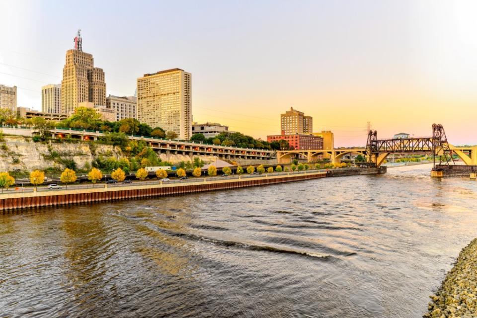 Vibrant Sunset with St. Paul City Skyline and Mississippi Riverfront via Getty Images