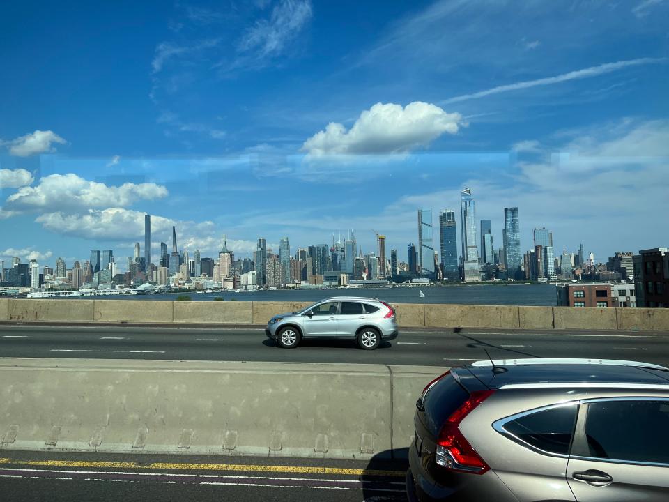 New York City skyline from a Greyhound coach bus.