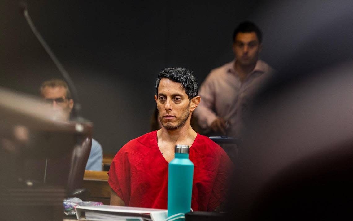 Defendant Oscar Olea reacts during a pre-trial detention hearing in front of Judge Alberto Milian, at the Gerstein Justice Bldg in Miami on Thursday, March 7, 2024.