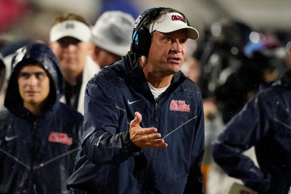 Mississippi head coach Lane Kiffin appeals to officials for a favorable ruling during their NCAA college football game against Mississippi State in Oxford, Miss., Thursday, Nov. 24, 2022. Mississippi State won 24-22. (AP Photo/Rogelio V. Solis)