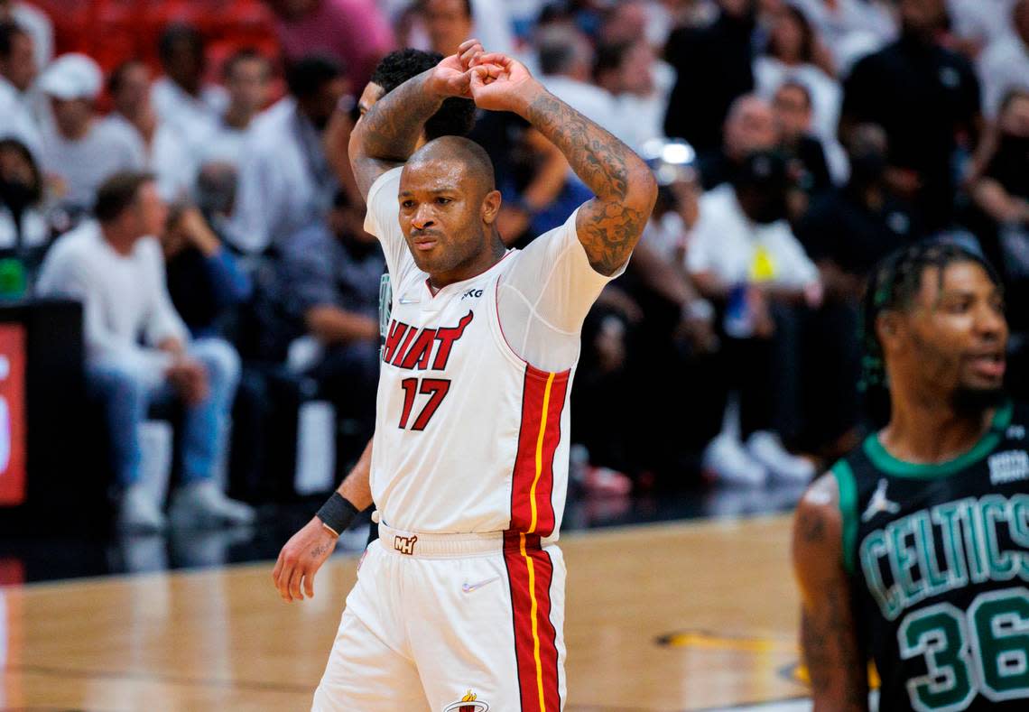 Miami Heat forward P.J. Tucker (17) reacts after a play against the Boston Celtics during the third quarter of Game 5 of the NBA Eastern Conference Finals series at FTX Arena in Miami on May 25, 2022.