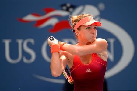 Sep 3, 2015; New York, NY, USA; Simona Halep of Romania hits to Kateryna Bondarenko of Ukraine on day four of the 2015 U.S. Open tennis tournament at USTA Billie Jean King National Tennis Center. Mandatory Credit: Robert Deutsch-USA TODAY Sports