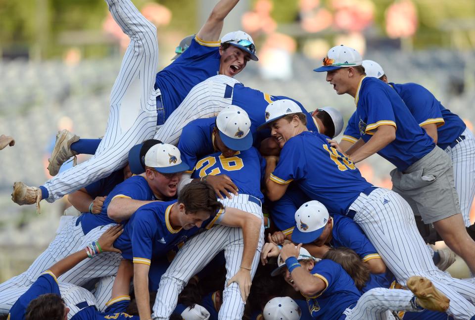 Sumrall celebrates after beating Pontotoc 11-4 to take the 4A MHSAA Baseball Championship at Trustmark Park in Pearl, Miss, May 26, 2022. 