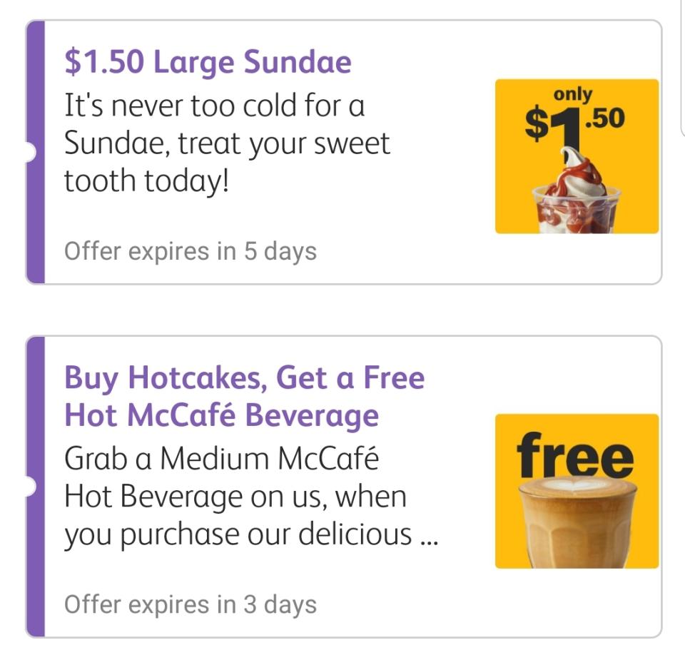 Large sundae and free hot beverage deals on the MyMacca's app.