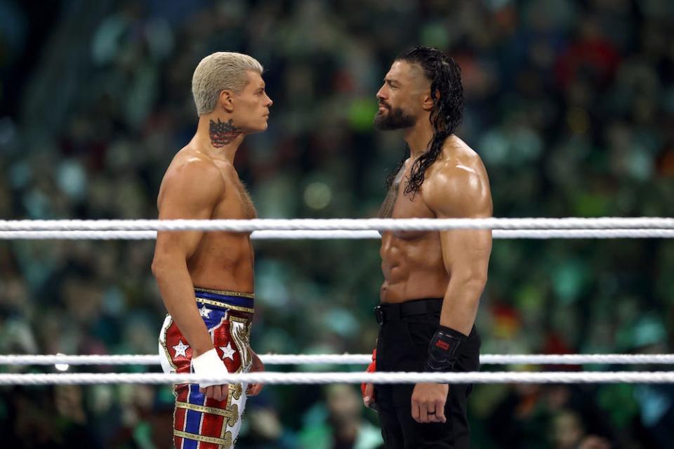 Cody Rhodes faces off with Roman Reigns during Night Two of WrestleMania 40 at Lincoln Financial Field on April 7, 2024 in Philadelphia, Pennsylvania.