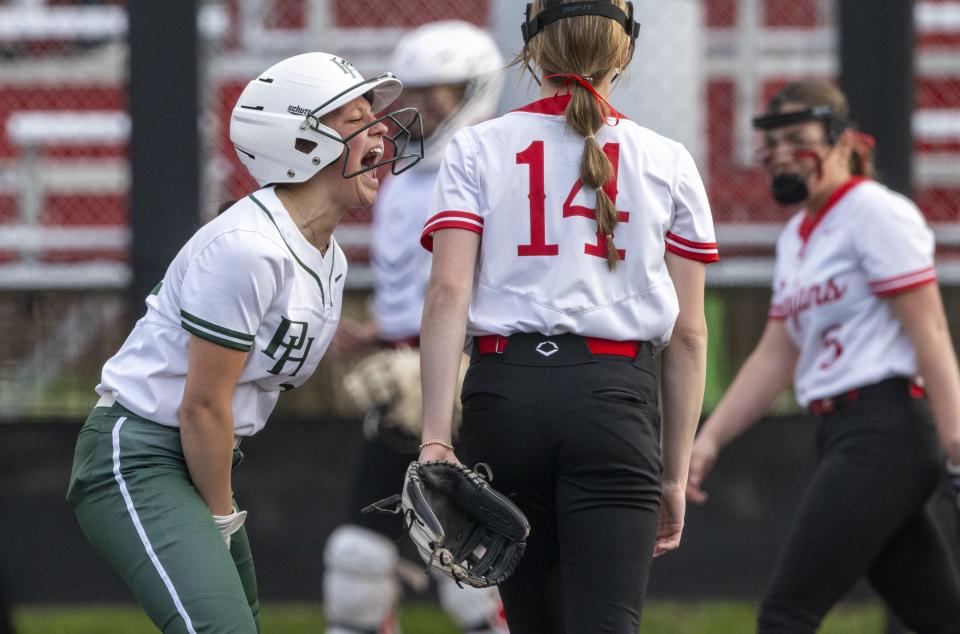 Pendleton Heights High School senior Kiah Hubble (10) reacts after hitting a triple during an IHSAA softball game against Center Grove High School, Friday, March 29, 2024. Host Center Grove won, 7-6.