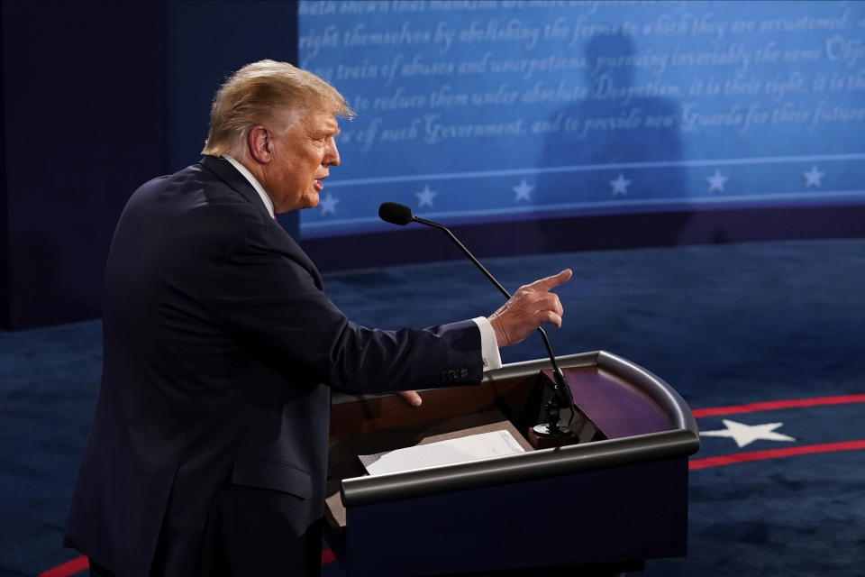 President Donald Trump makes a point during the first presidential debate against Democratic presidential candidate former Vice President Joe Biden, Tuesday, Sept. 29, 2020, at Case Western University and Cleveland Clinic, in Cleveland, Ohio. (AP Photo/Morry Gash, Pool)