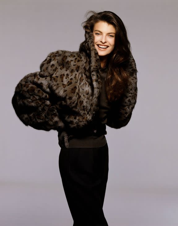 Model Linda Evangelista posing in leopard print Russian squirrel in 1988.