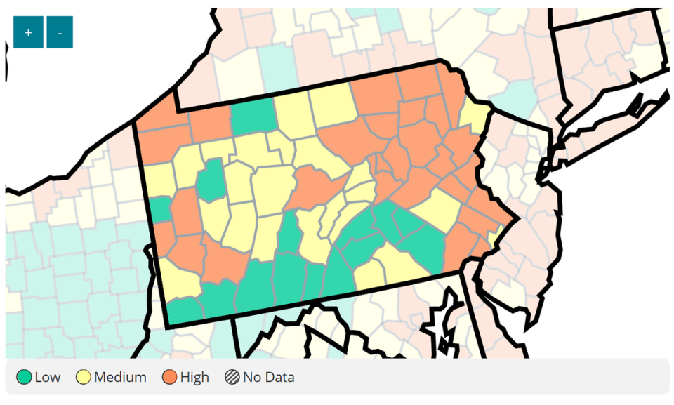 A screenshot of COVID-19 community levels in Pennsylvania as of May 27, 2022. The CDC’s community level scale is distinct from how it measure transmission. Its community level scale uses three indicators: (1) new COVID-19 cases per 100,000 population in the last 7 days; (2) new COVID-19 hospital admissions per 100,000 population in the last 7 days; and (3) percent of staffed inpatient beds occupied by patients with confirmed COVID-19 (7-day average).