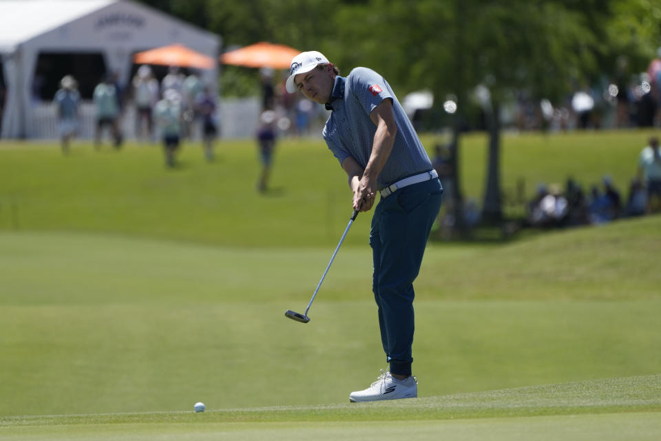 Matt Fitzpatrick, of England, hits onto the 18th green during the third round of the PGA Zurich Classic golf tournament at TPC Louisiana in Avondale, La., Saturday, April 22, 2023. (AP Photo/Gerald Herbert)