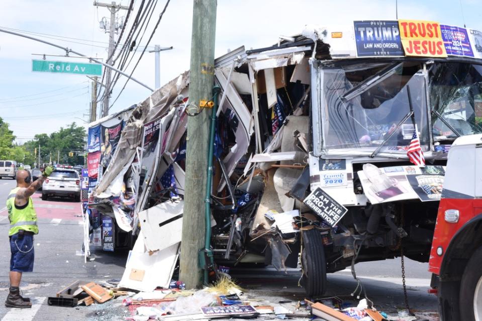 An RV known for being decorated in Donald Trump posters crashed into a pole in Staten Island on Sunday. White