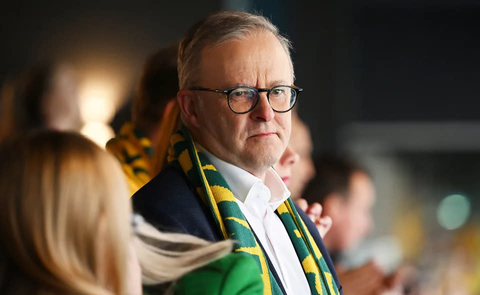 Anthony Albanese watches the Matildas at the Women's World Cup. (Photo by Matt Roberts - FIFA/FIFA via Getty Images)
