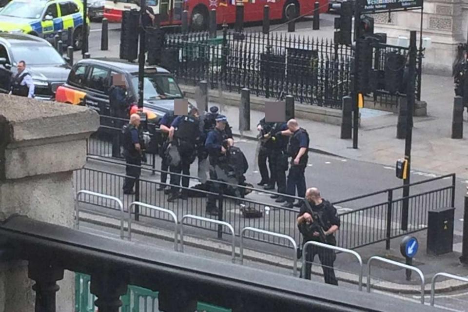 Tackled: Armed police surrounded the man in Westminster (Twitter/@3213dev)