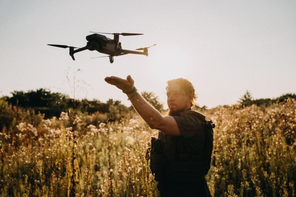 Ukrainian drone operator and a drone in New York, Ukraine