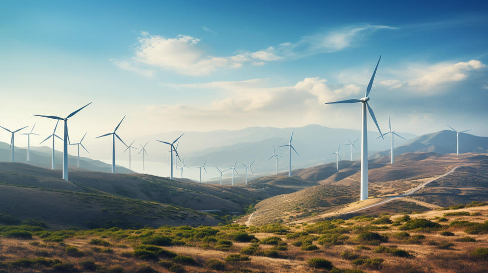 A vast array of wind turbines on a hillside, showcasing the company's takeover of renewable energy.