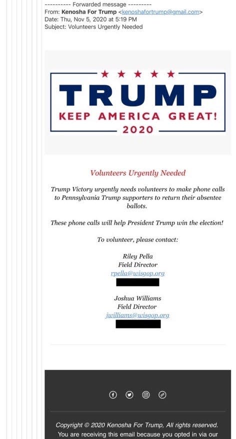 An email sent to Trump supporters from the president's Wisconsin campaign urges volunteers to call Pennsylvania voters and ask the to mail back their ballots, days after the election.