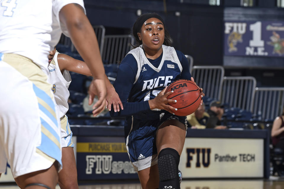 Rice guard Erica Ogwumike (13) handles the ball in the first half as the Rice University Owls faced the FIU Golden Panthers, on January 11, 2020, at the Ocean Bank Convocation Center in Miami, Florida. (Photo by Samuel Lewis/Icon Sportswire via Getty Images)