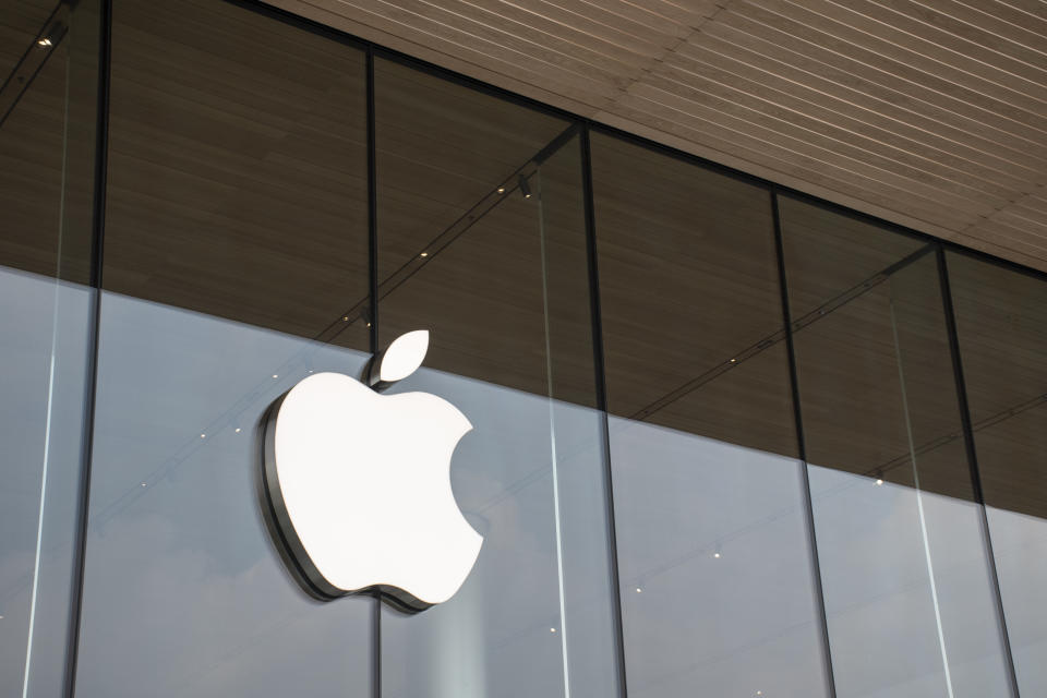 Bangkok, Thailand 21/12/2018 The logo of Apple brand in front ot First Apple store in Bangkok, Thailand.