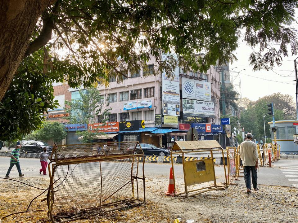 A road closure in Bangalore, Karnataka, India, in May 2020.