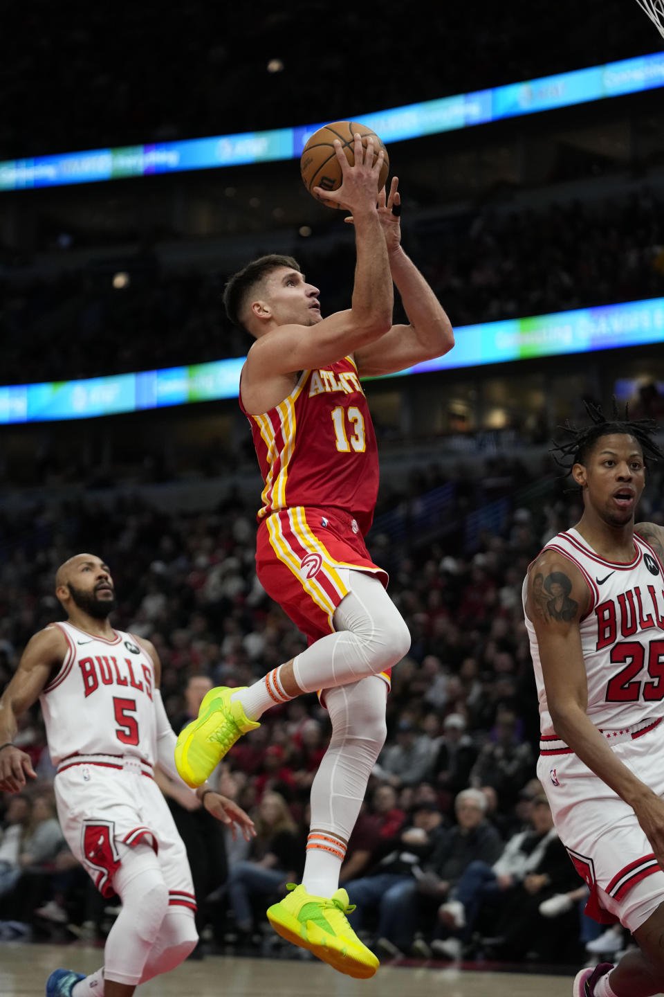 Atlanta Hawks guard Bogdan Bogdanovic shoots against the Chicago Bulls during the first half of an NBA basketball game Tuesday, Dec. 26, 2023, in Chicago. (AP Photo/Erin Hooley)