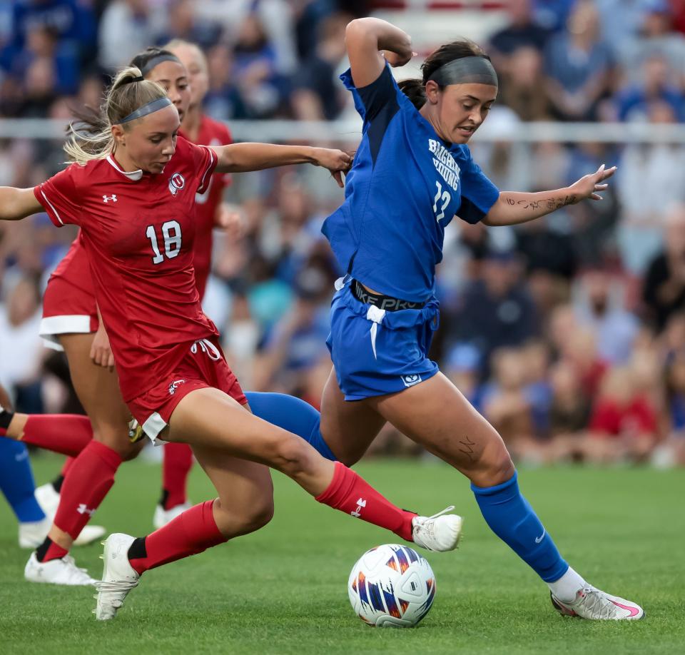 Utah’s Lilliah Blum (18) and BYU’s Brecken Mozingo (13) compete for control of the ball during the game at Ute Field in Salt Lake City on Saturday, Sept. 9, 2023. | Spenser Heaps, Deseret News