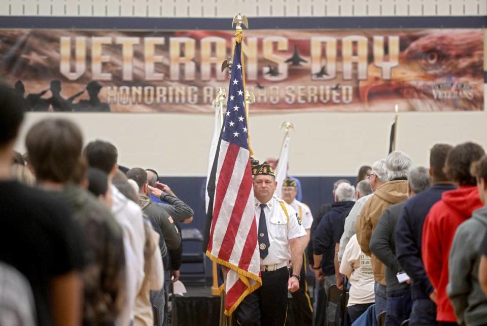 The colors are retired by members of the Clarence and Snow Show American Legions to end Bald Eagle Area school district’s Veterans Day celebration on Thursday, Nov. 9, 2023. Abby Drey/adrey@centredaily.com