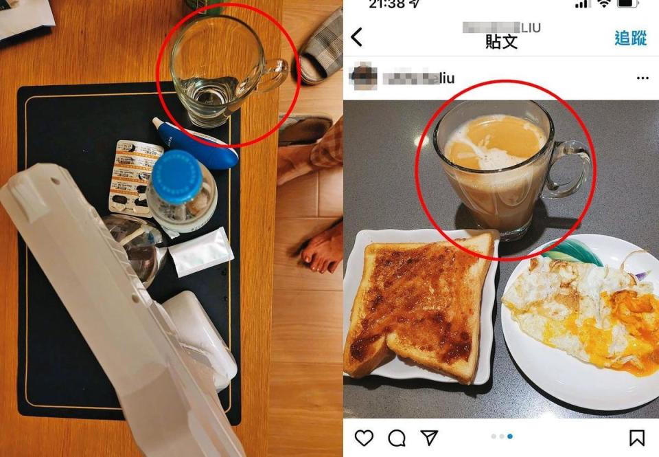  劉世澤與游淑慧曾分別在各自的IG及臉書PO出同一個水杯（紅圈處）。（翻攝游淑慧臉書、劉世澤IG）