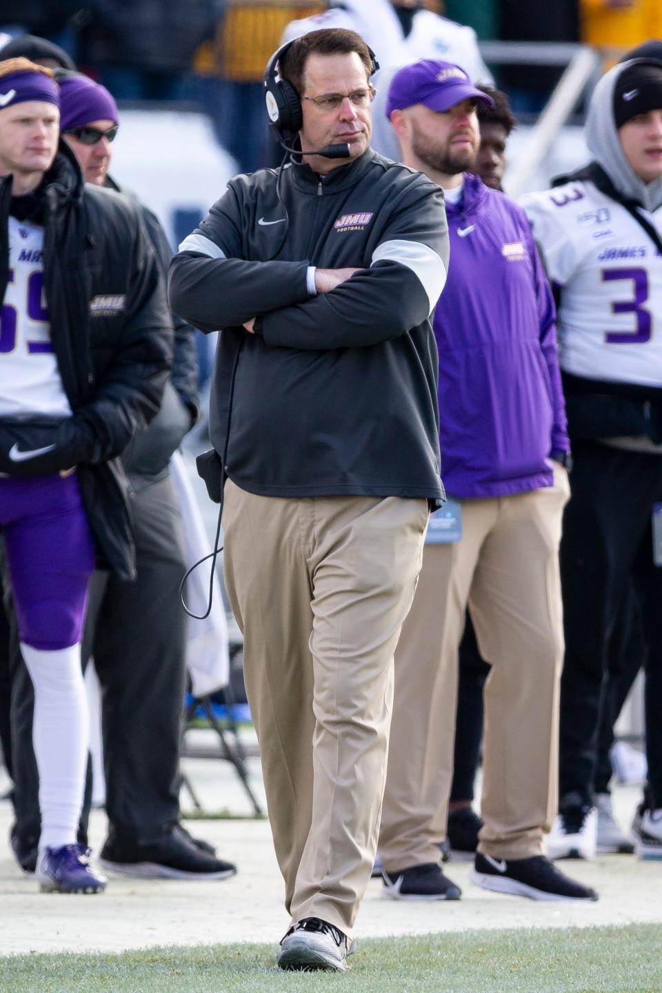 James Madison head coach Curt Cignetti walks on the sidelines during the second half of the FCS championship NCAA college football game against North Dakota State, Saturday, Jan. 11, 2020, in Frisco, Texas. (AP Photo/Sam Hodde)