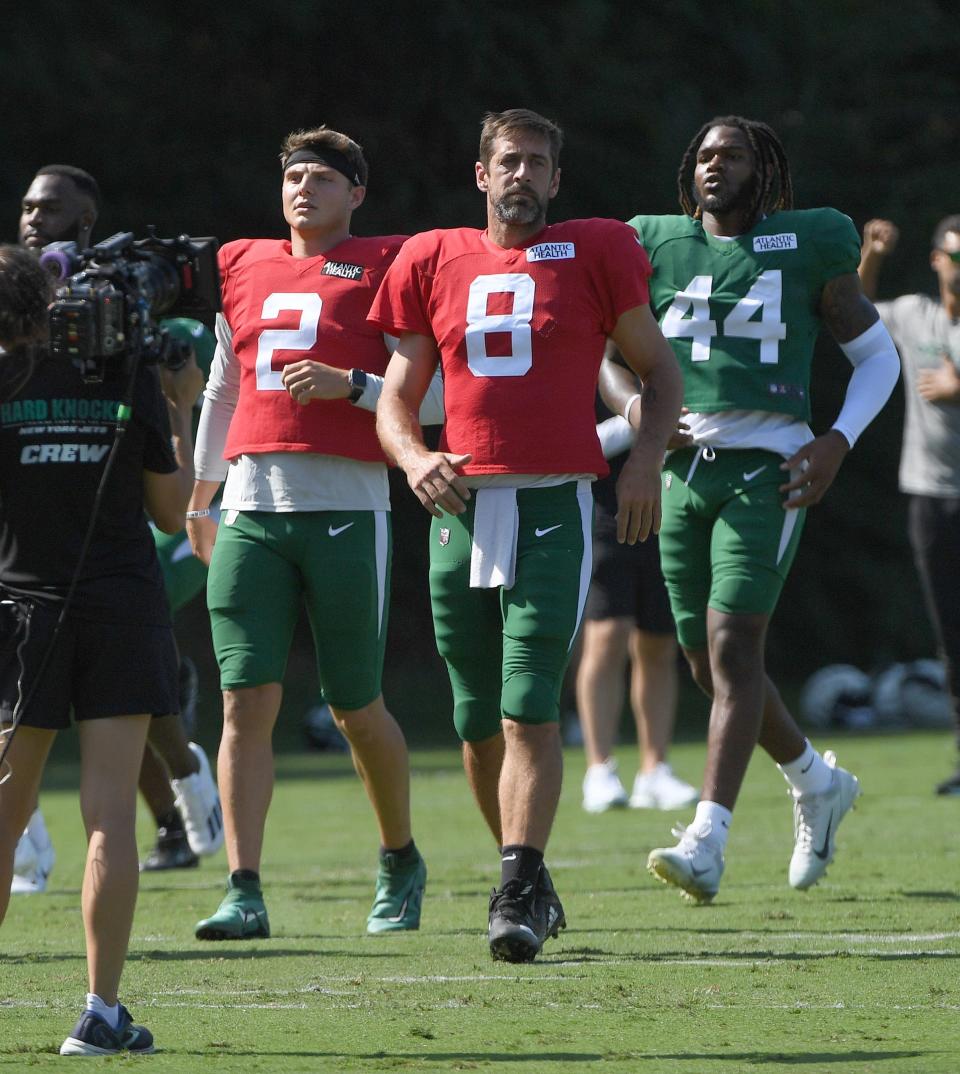 Aaron Rodgers arrives for a joint practice with the Carolina Panthers at Wofford College in Spartanburg, S.C.