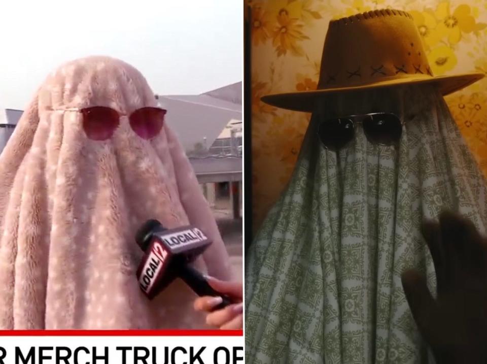 The Swiftie interviewed on RC-TV (L) and a ghost in Taylor Swift's "Anti Hero" music video (R).