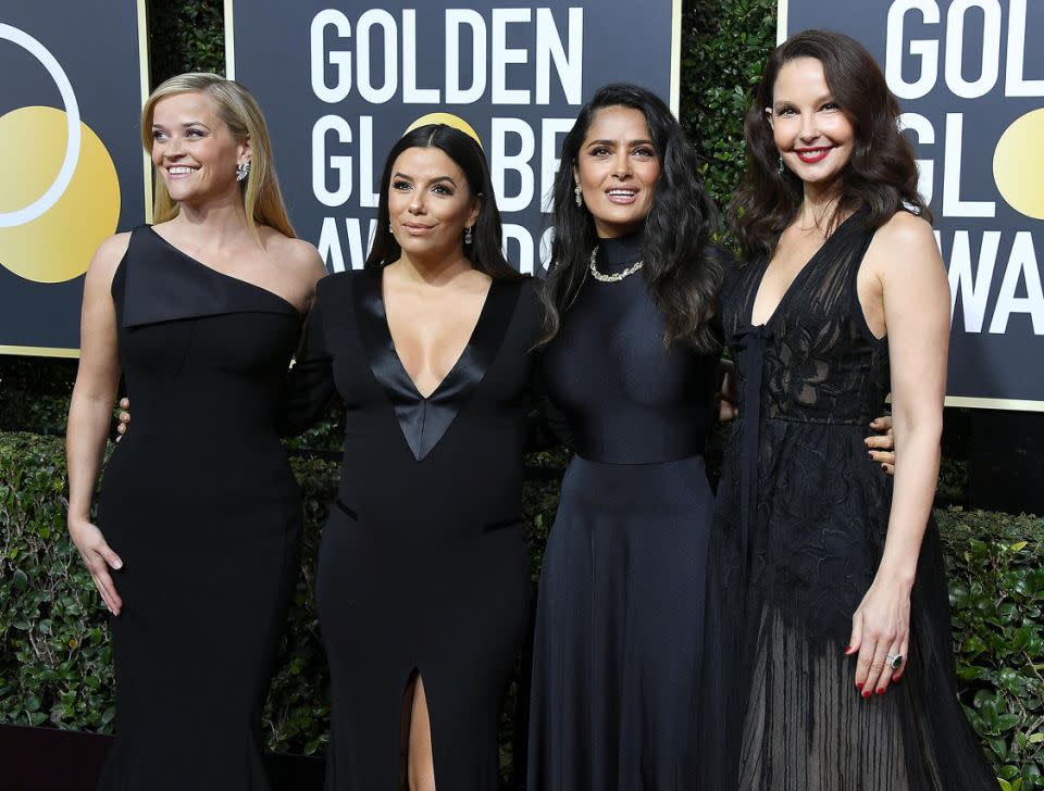 At the Golden Globes women wore black in solidarity, including Salma Hayek and Ashley Judd, who have both accused Harvey Weinstein of sexual misconduct. Source: Getty