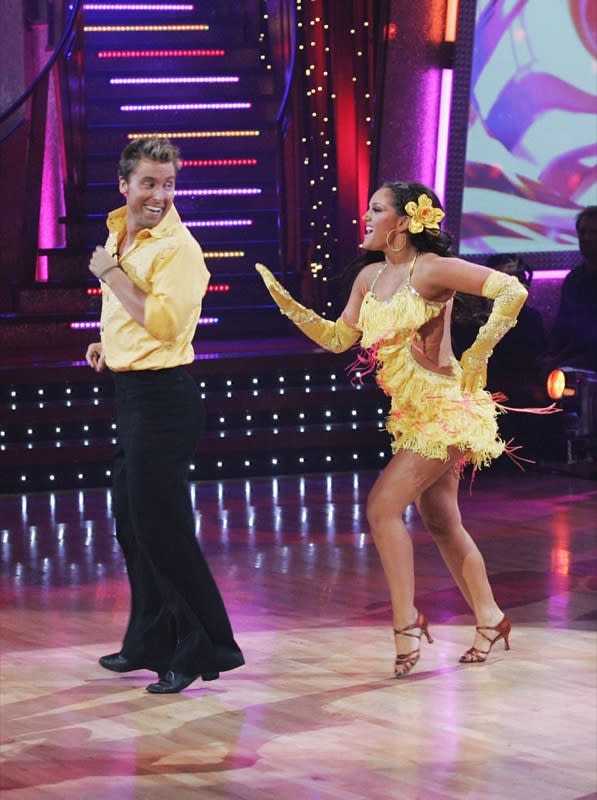 Lance Bass and Lacey Schwimmer perform a dance on the seventh season of Dancing with the Stars.