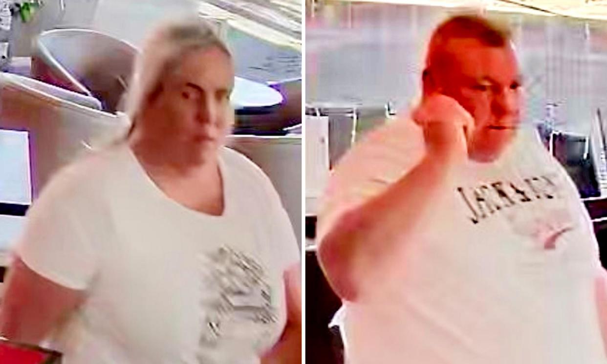 <span>CCTV images of Ann and Bernard in the River House restaurant in Swansea where they ate £267 of food and drink and left without paying.</span><span>Composite: PA</span>