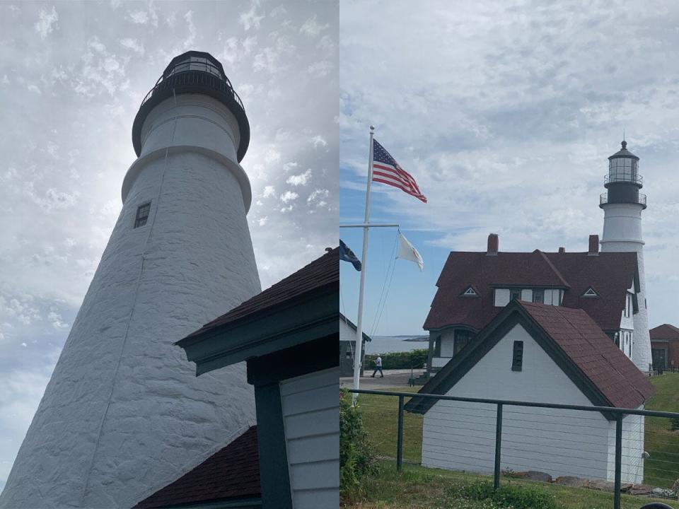 maine lighthouses, close up on left and zoomed out on right