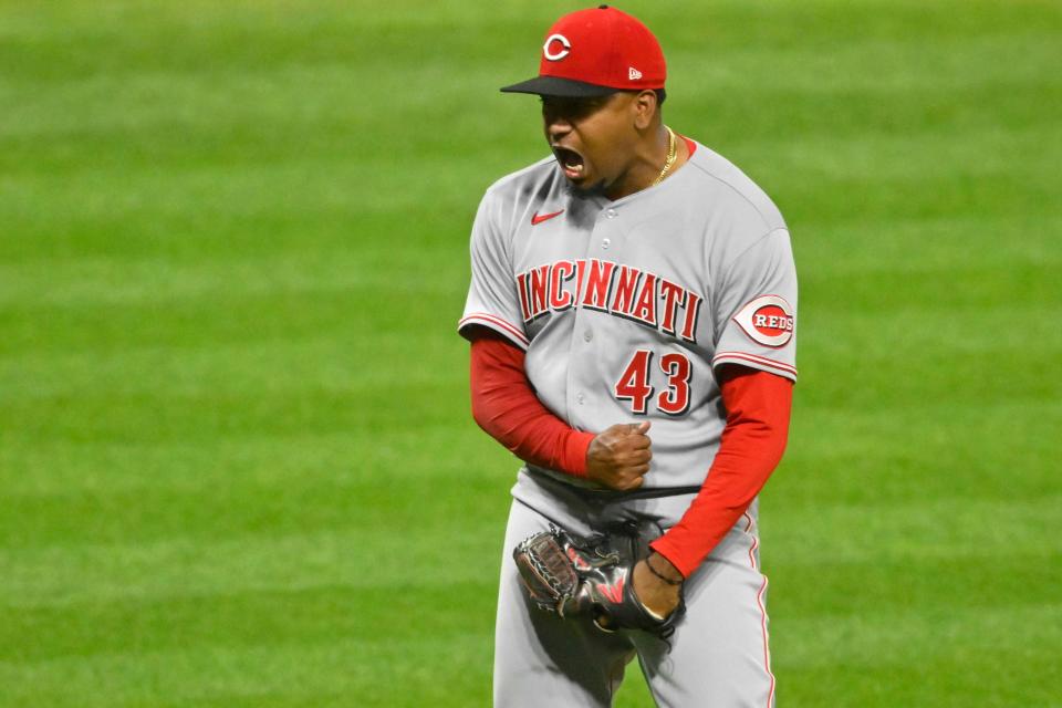 May 17, 2022; Cleveland, Ohio, USA; Cincinnati Reds relief pitcher Alexis Díaz (43) celebrates the win over the Cleveland Guardians at Progressive Field. Mandatory Credit: David Richard-USA TODAY Sports