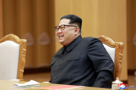 North Korean leader Kim Jong Un attends a meeting with Chinese State Councillor Wang Yi, in this undated photo released by North Korea's Korean Central News Agency (KCNA) in Pyongyang on May 4, 2018. KCNA/via REUTERS