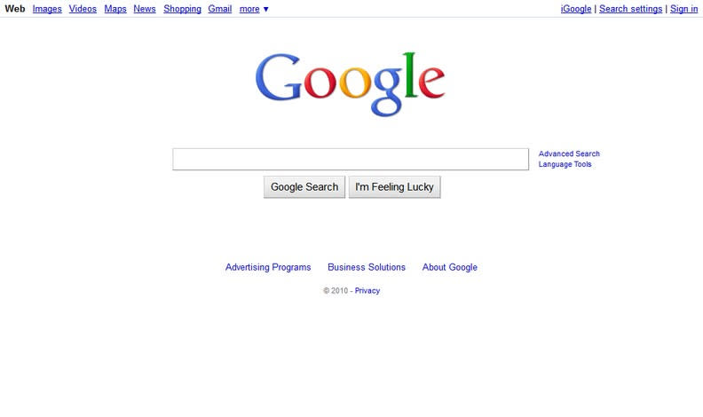 2010年的Google首頁，多年來，Google一直維持著最簡明扼要的功能。Google