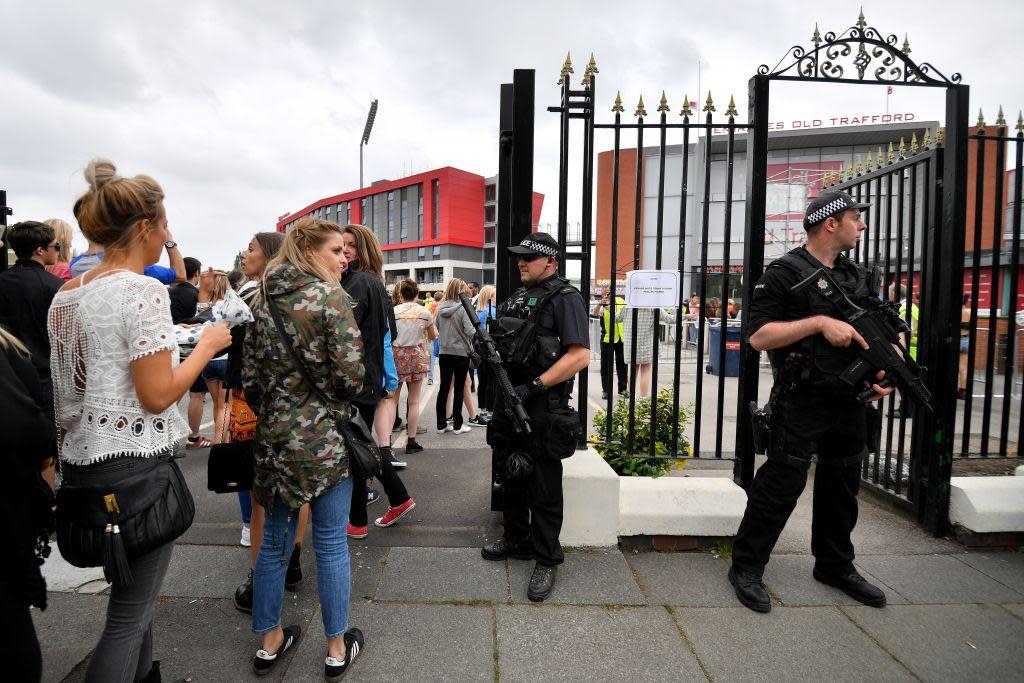 Armed police patrol around Old Trafford Cricket Ground ahead of a Courteeners concert this evening on May 27, 2017 in Manchester, England: Anthony Devlin/Getty Images