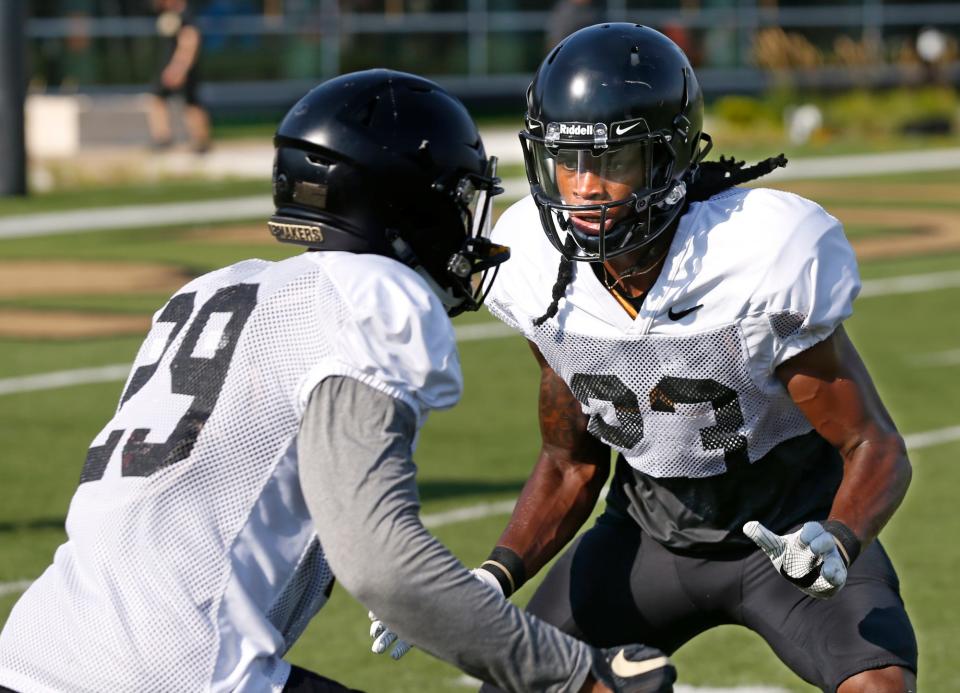 Cornerback Cory Trice, right, lines up opposite fellow cornerback Simeon Smiley during football practice Monday, August 6, 2018, at Purdue.