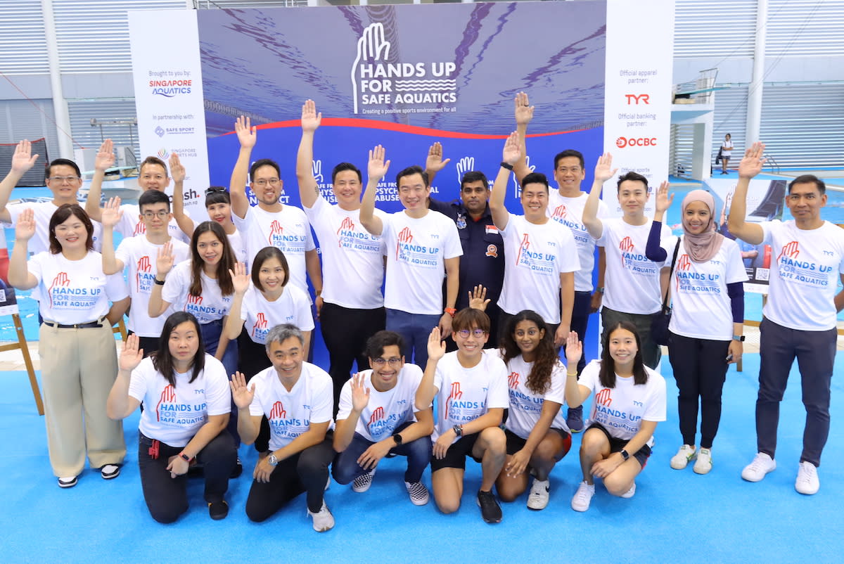 Singapore Aquatics launches the Hands Up for Safe Aquatics Campaign at the OCBC Aquatic Centre with Eric Chua (centre), Senior Parliamentary Secretary for Culture, Community and Youth. (PHOTO: Singapore Aquatics)